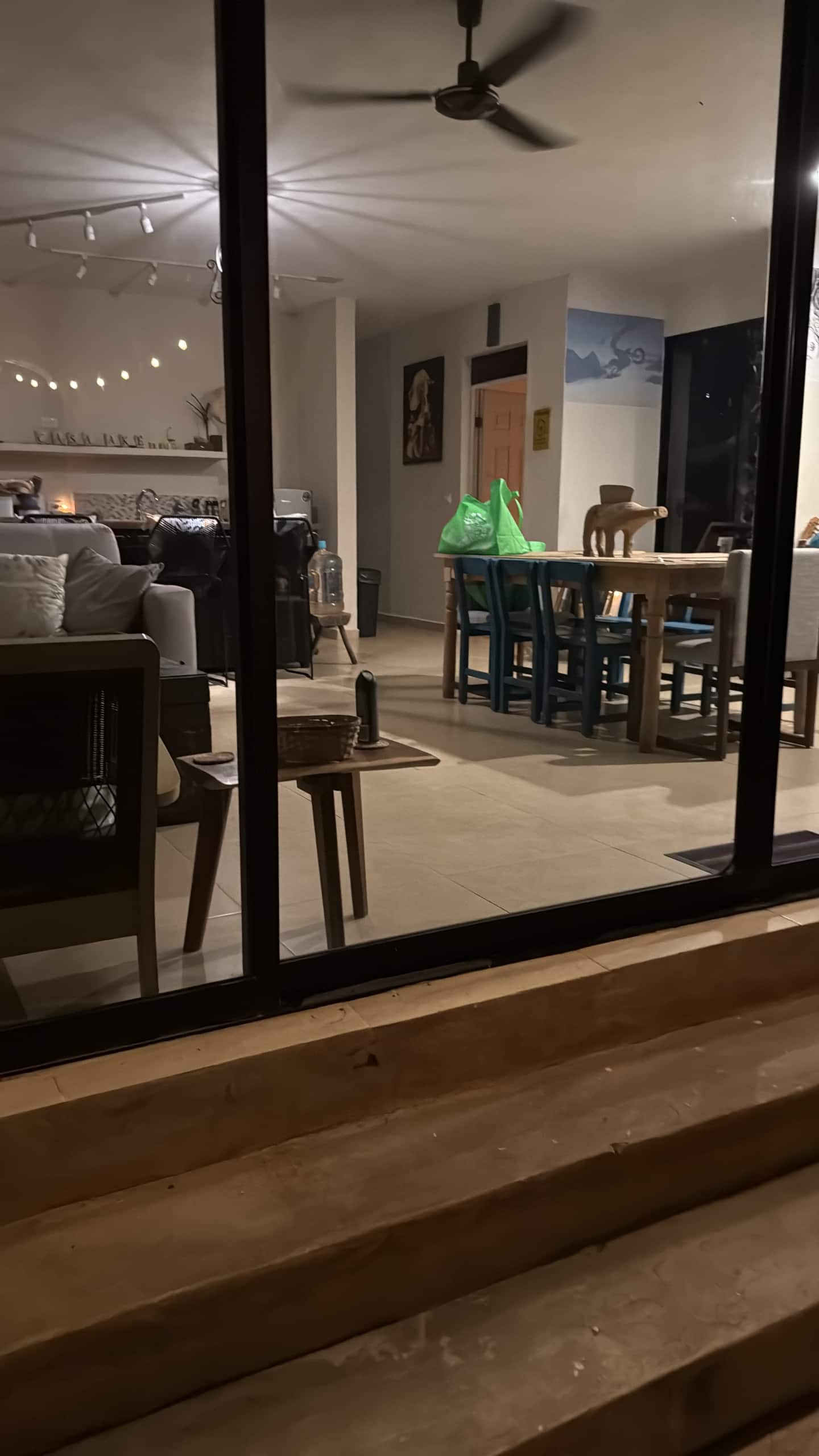 La casa de noche, vista desde el jardín